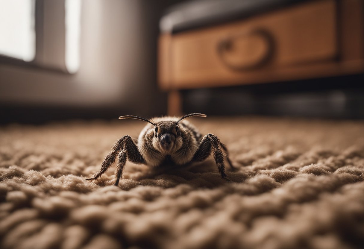 A brown pelsbille crawls on a wool rug, surrounded by moth-eaten fabric and a wooden floor