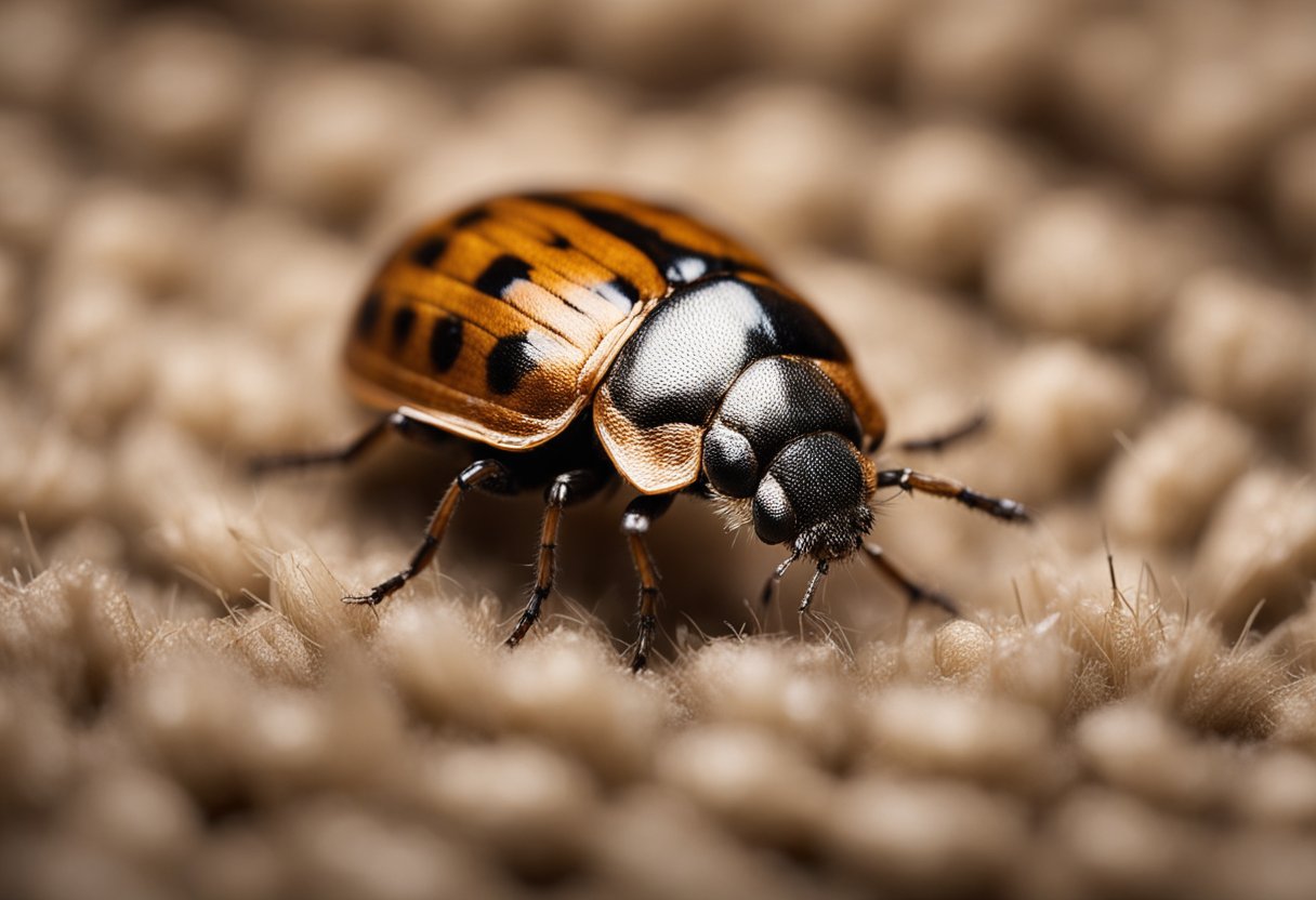 A brown carpet beetle crawling on a wool rug, surrounded by shed fibers and dust particles