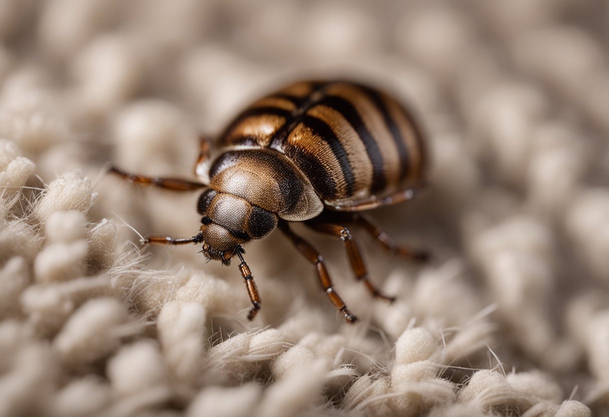 Brown carpet beetle (Attagenus smirnovi) crawling on a wool rug, surrounded by damaged fabric and shedding fibers