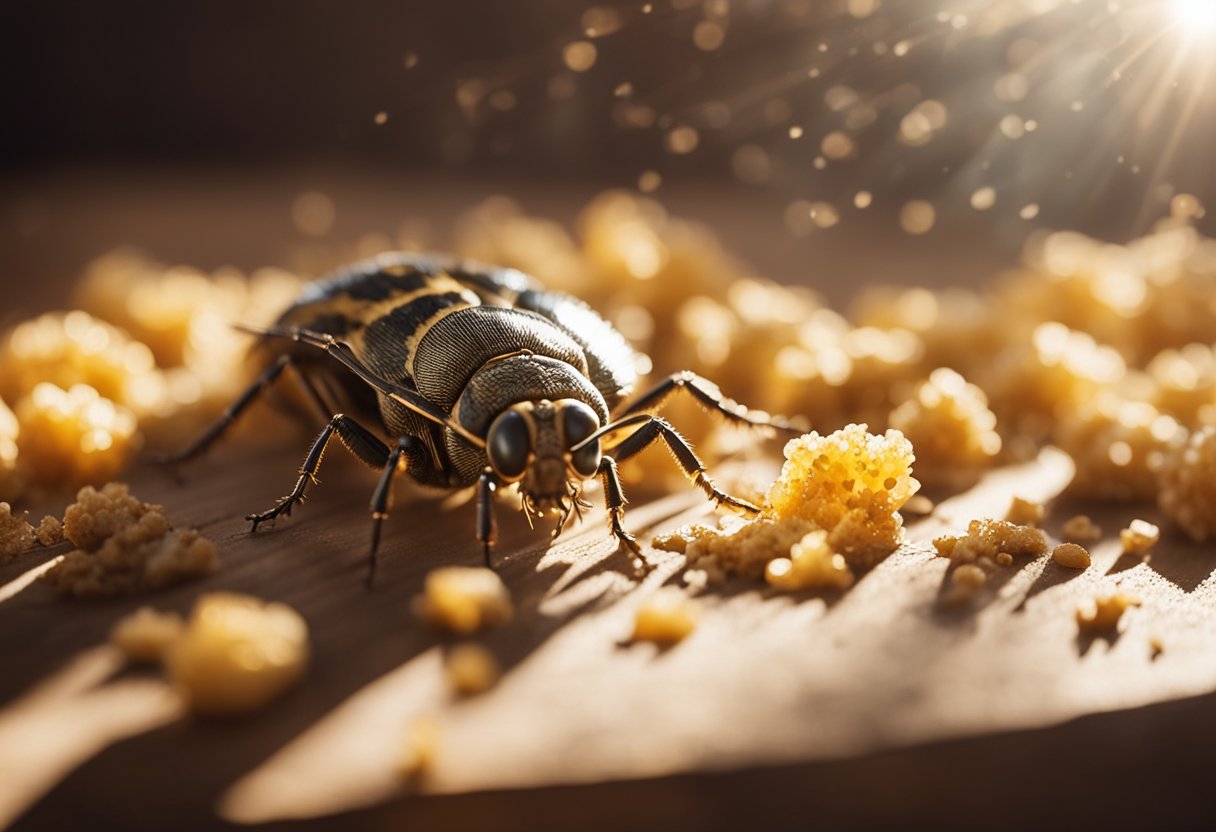 A Brødbille crawls along a wooden shelf, surrounded by crumbs and food debris. Sunlight streams through a nearby window, casting a warm glow on the tiny insect