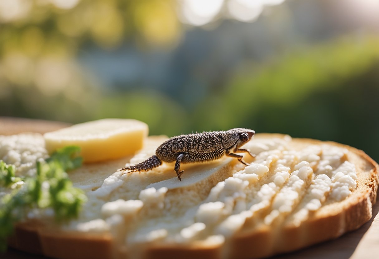 A close-up of a Brødbille (Stegobium paniceum) crawling on a piece of bread with detailed features and surrounding environment