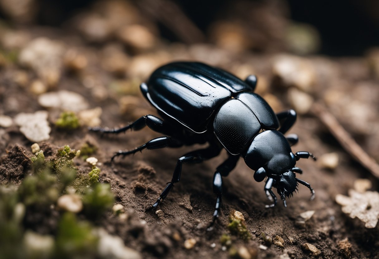 The Fleskeklanner, a black beetle with distinctive clubbed antennae, feasts on decaying animal matter in a dark, damp corner of a cellar