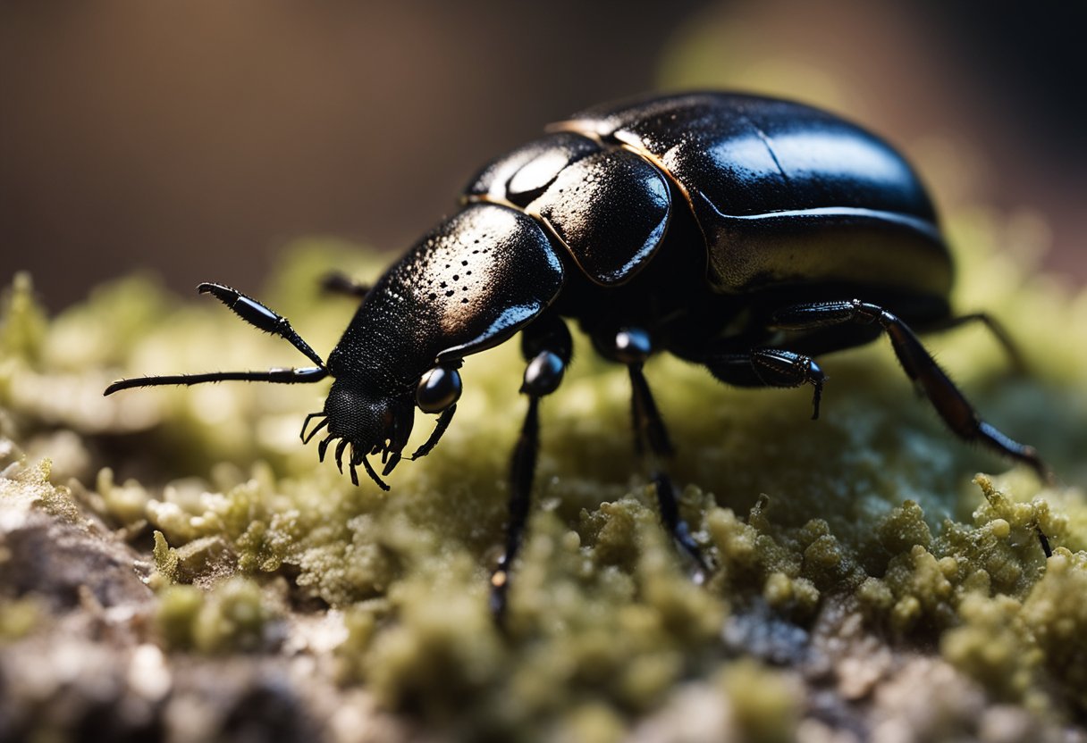 A Fleskeklanner beetle crawls on decaying flesh, its dark brown body contrasting with the rotting material. Surrounding insects and bacteria contribute to the decomposition process