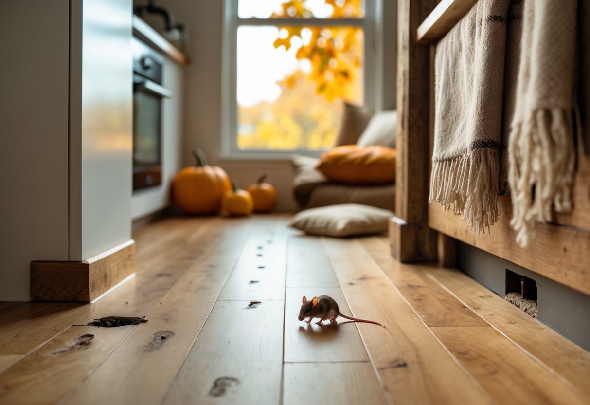 Inne i et hjem og en hytte med høstdekorasjoner og små tegn på husmusaktivitet, som spor og gnagemerker.