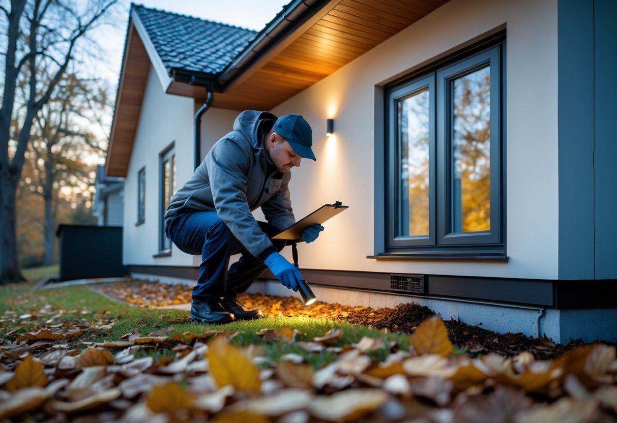 En person inspiserer utsiden av et hus om høsten for å sikre det mot skadedyr før vinteren.