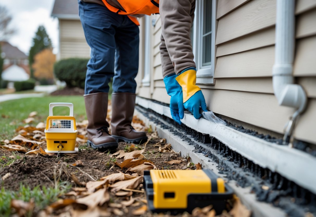 En person som inspiserer og tetter sprekker på en bygning utendørs før vinteren for å sikre mot skadedyr.