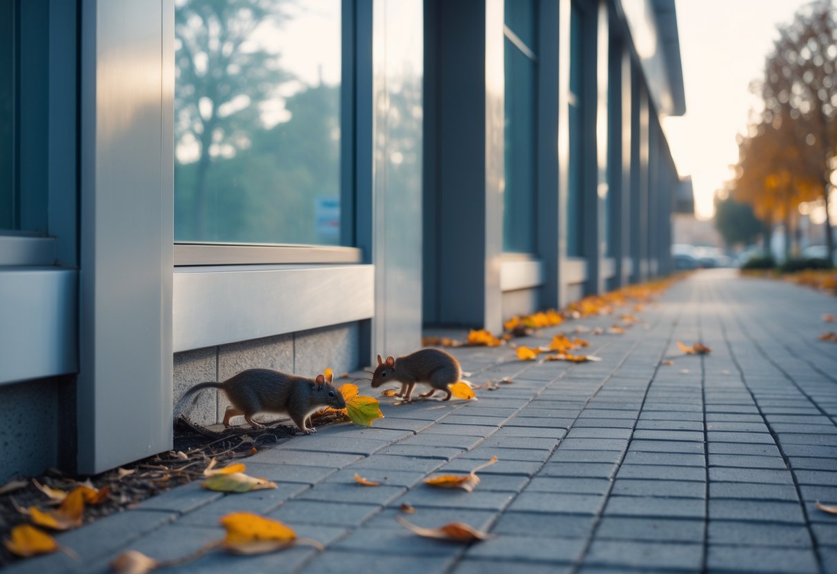 Utsiden av et næringsbygg om høsten med tegn på skadedyr som små gnagere og insekter rundt inngangen og høstløv på bakken.