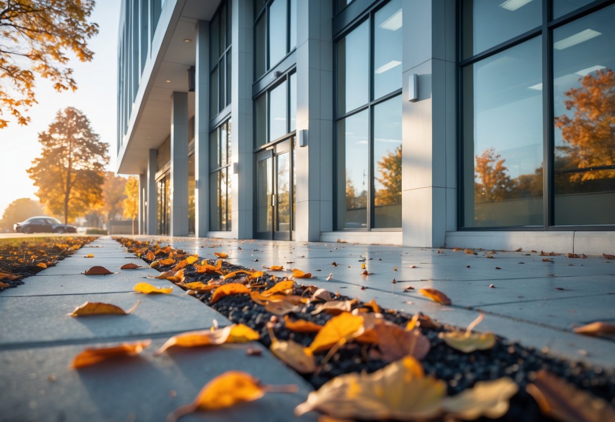 Et moderne næringsbygg om høsten med høstløv på bakken og tegn til skadedyr nær bygningen.