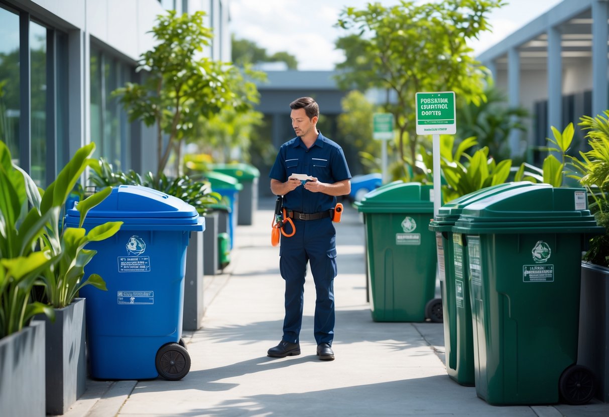 En ren og ryddig avfallsområde med sikre søppelkasser og en skadedyrkontrollør som inspiserer området.