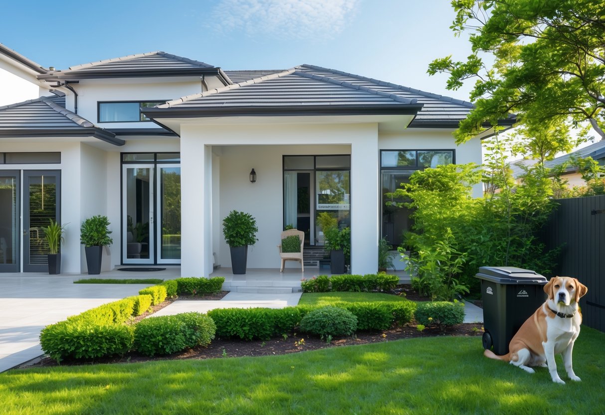 Et moderne hus med velstelt hage og flere tiltak som forebygger skadedyr rundt boligen.