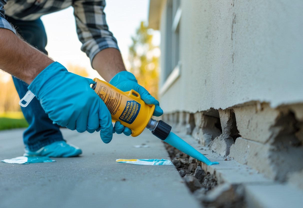 En person tetter sprekker og hull i veggen og grunnmuren på et hus for å forebygge skadedyr.