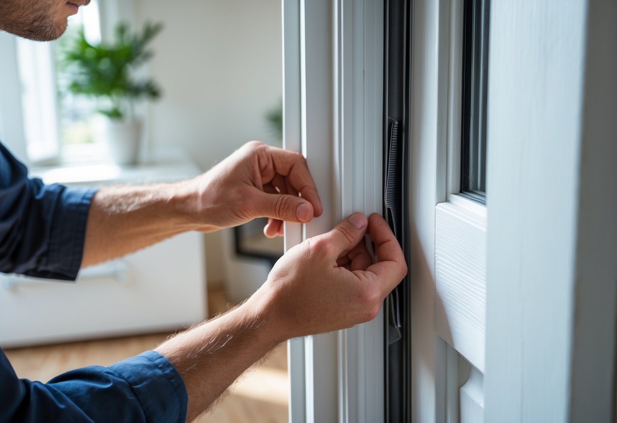 En person som installerer tettsittende dør- og vinduslister i et hjem.