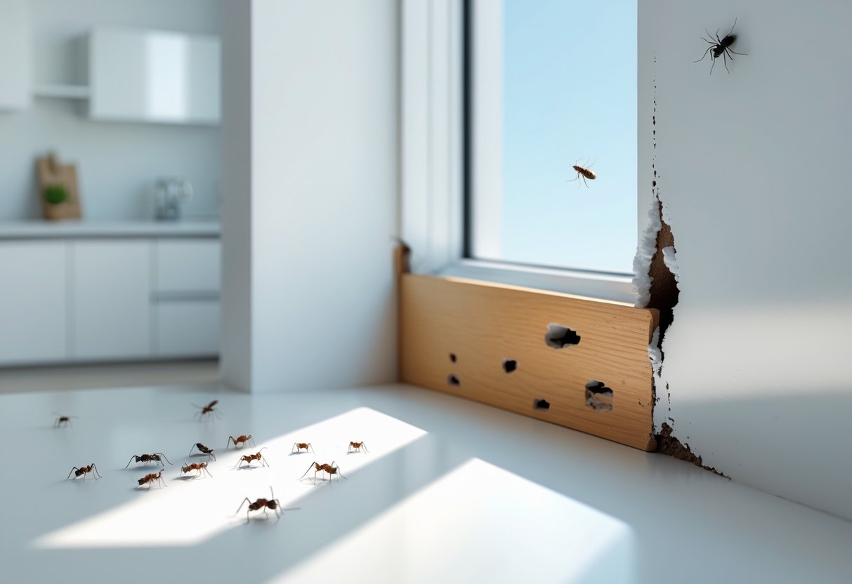 Nærbilde av et rent hjem med tegn på skadedyr som insektsavføring, hull i treverk, maur ved en sprekk i veggen, edderkoppnett i hjørnet og museloft ved gulvlist.