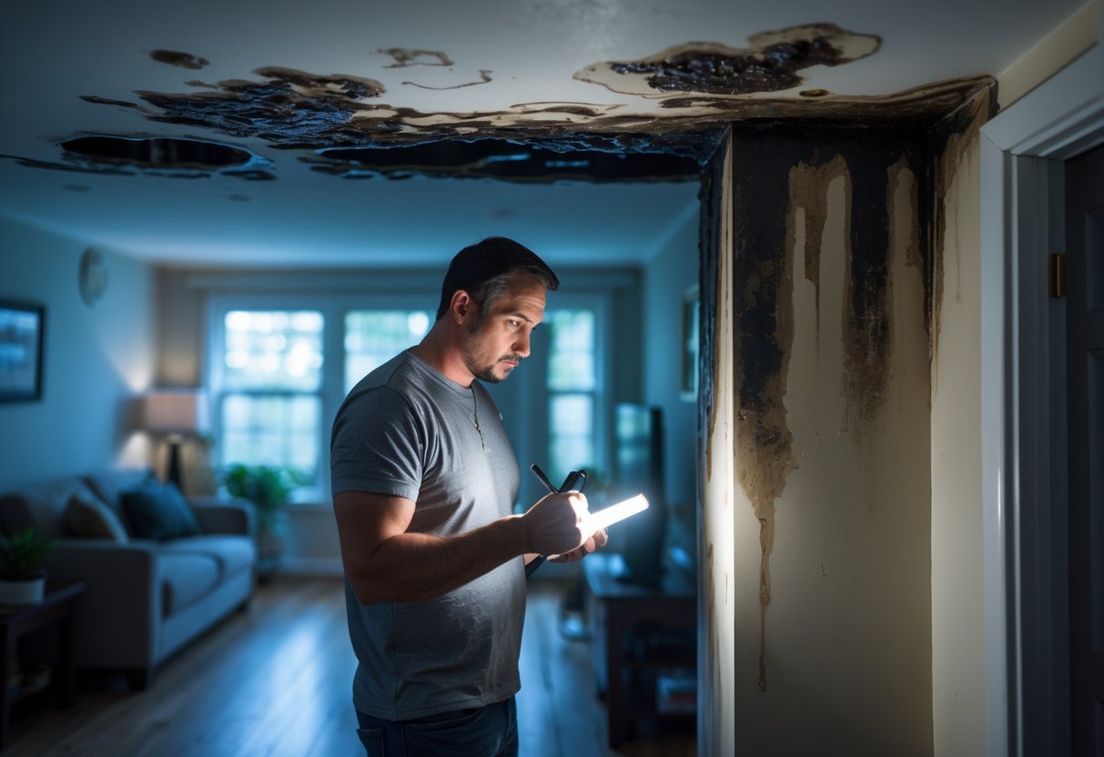 En bekymret person undersøker en muggskadet og fuktskadet vegg i et hjem.